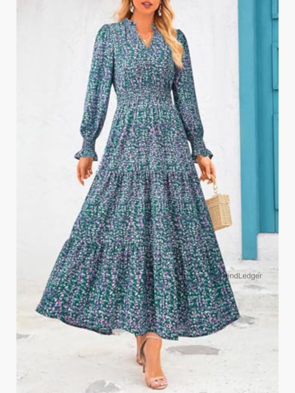 Floral Maxi Dress Long Sleeve V Neck A Line Flowy Boho Fall Dress - Picture 4 of 7